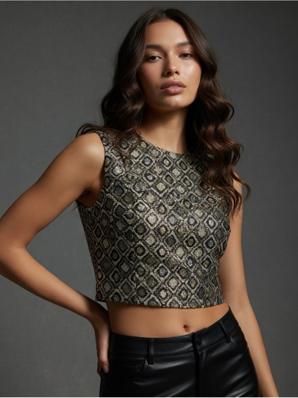 Morlove Vintage Lame Sleeveless Metallic Patterned Crop Top - Gold/Black S/M